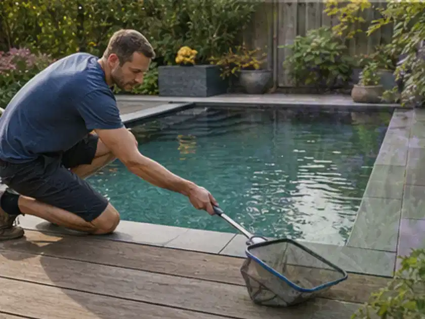 Person entfernt Blätter mit einem Kescher aus einem kleinen Gartenpool; Thema Poolpumpen, Schwerpunkt Wartung; Titelbild.
