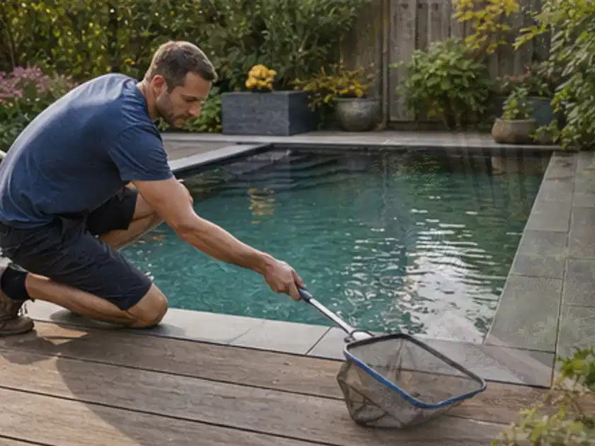 Person entfernt Blätter mit einem Kescher aus einem kleinen Gartenpool; Thema Poolpumpen, Schwerpunkt Winterlager; Titelbild.