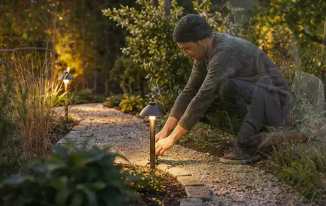 Person richtet eine niedrige warm leuchtende Gartenlampe am Kiesweg aus; Thema Poolpumpen, Schwerpunkt Winterlager; Kontrolle.