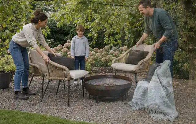 Familie stellt wetterfeste Sessel an einem geschützten Sitzplatz im Garten auf; Thema Poolroboter, Schwerpunkt Anwendung; Umsetzung.
