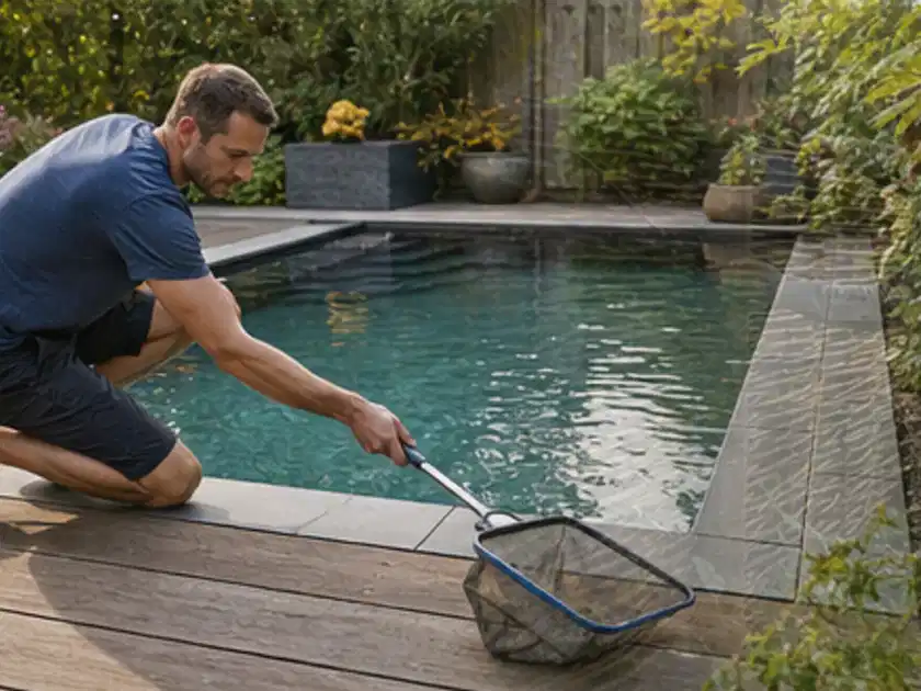 Person entfernt Blätter mit einem Kescher aus einem kleinen Gartenpool; Thema Poolroboter, Schwerpunkt Bestenliste; Titelbild.