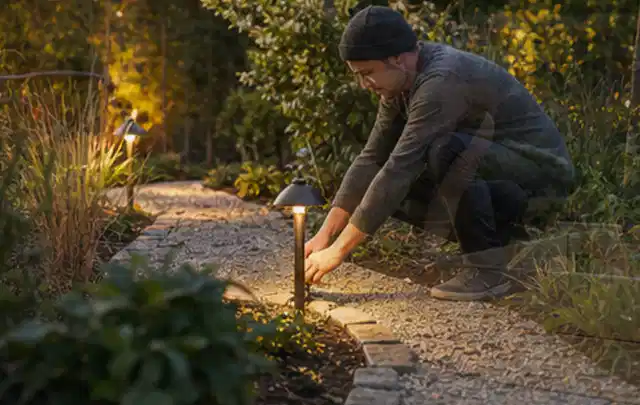 Person richtet eine niedrige warm leuchtende Gartenlampe am Kiesweg aus; Thema Poolroboter, Schwerpunkt Bestenliste; Kontrolle.