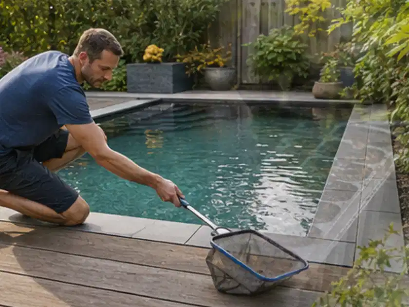 Person entfernt Blätter mit einem Kescher aus einem kleinen Gartenpool; Thema Poolroboter, Schwerpunkt Checkliste; Titelbild.