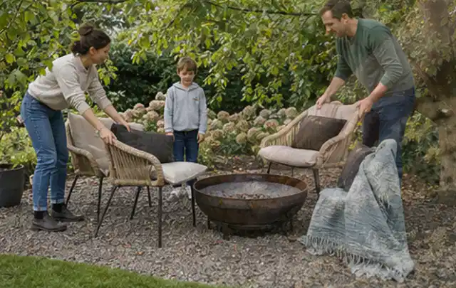 Familie stellt wetterfeste Sessel an einem geschützten Sitzplatz im Garten auf; Thema Poolroboter, Schwerpunkt Checkliste; Kontrolle.