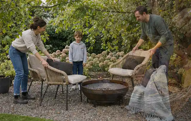 Familie stellt wetterfeste Sessel an einem geschützten Sitzplatz im Garten auf; Thema Poolroboter, Schwerpunkt Dimensionierung; Ausgangslage.