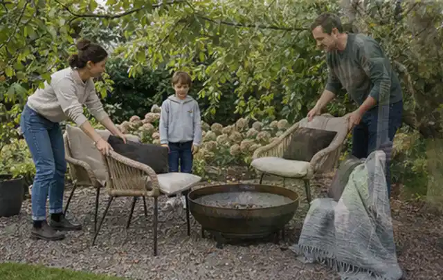 Familie stellt wetterfeste Sessel an einem geschützten Sitzplatz im Garten auf; Thema Poolroboter, Schwerpunkt Ersatzteile; Kontrolle.