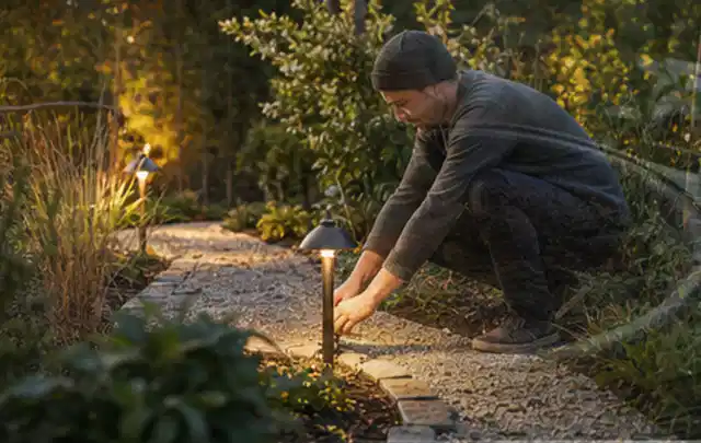 Person richtet eine niedrige warm leuchtende Gartenlampe am Kiesweg aus; Thema Poolroboter, Schwerpunkt Ersatzteile; Praxisalltag.