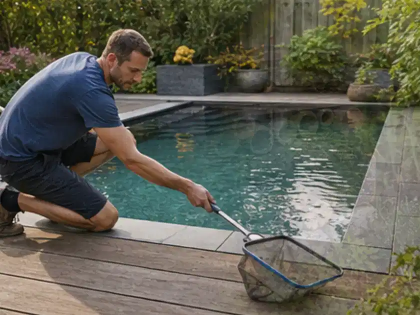 Person entfernt Blätter mit einem Kescher aus einem kleinen Gartenpool; Thema Poolroboter, Schwerpunkt Fehlerhilfe; Titelbild.