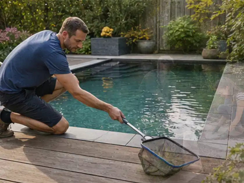 Person entfernt Blätter mit einem Kescher aus einem kleinen Gartenpool; Thema Poolroboter, Schwerpunkt Gärten mit großer Fläche; Titelbild.