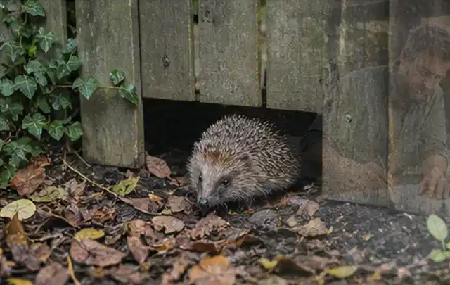 Igel nutzt einen bodennahen Durchgang unter einem hölzernen Gartenzaun; Thema Poolroboter, Schwerpunkt Gärten mit großer Fläche; Praxisalltag.