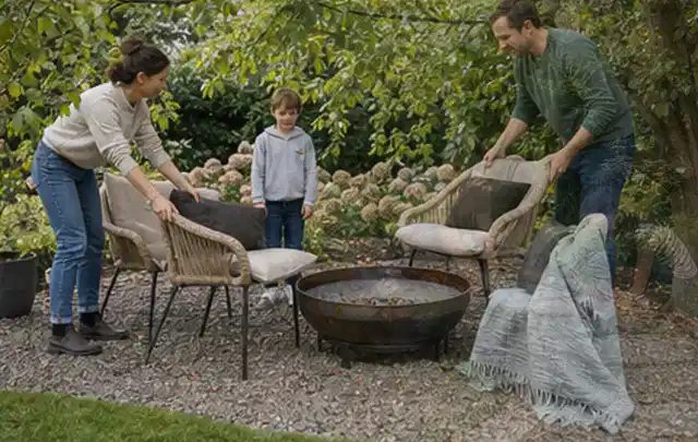 Familie stellt wetterfeste Sessel an einem geschützten Sitzplatz im Garten auf; Thema Poolroboter, Schwerpunkt Gärten mit kleiner Fläche; Ergebnis.
