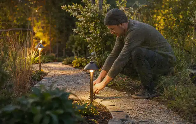 Person richtet eine niedrige warm leuchtende Gartenlampe am Kiesweg aus; Thema Poolroboter, Schwerpunkt Kaufberatung; Umsetzung.