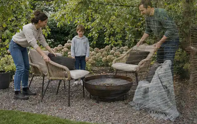 Familie stellt wetterfeste Sessel an einem geschützten Sitzplatz im Garten auf; Thema Poolroboter, Schwerpunkt Kaufberatung; Kontrolle.