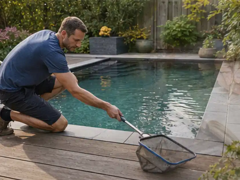 Person entfernt Blätter mit einem Kescher aus einem kleinen Gartenpool; Thema Poolroboter, Schwerpunkt Kosten; Titelbild.