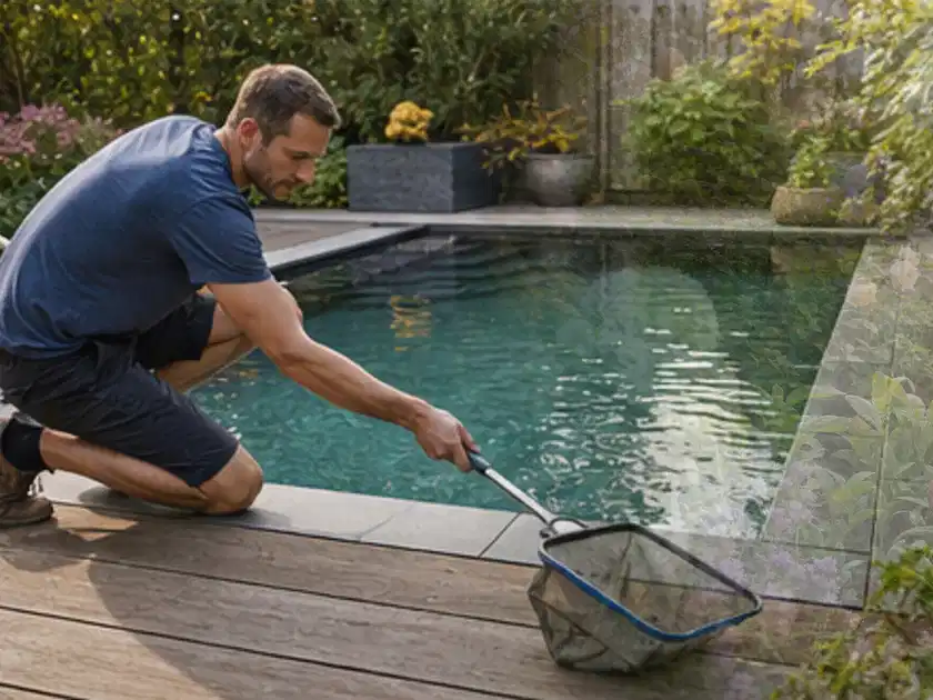 Person entfernt Blätter mit einem Kescher aus einem kleinen Gartenpool; Thema Poolroboter, Schwerpunkt Leistung; Titelbild.