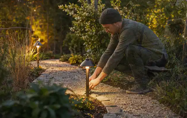 Person richtet eine niedrige warm leuchtende Gartenlampe am Kiesweg aus; Thema Poolroboter, Schwerpunkt Leistung; Praxisalltag.