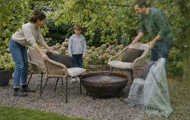Familie stellt wetterfeste Sessel an einem geschützten Sitzplatz im Garten auf; Thema Poolroboter, Schwerpunkt Nachhaltigkeit; Ergebnis.