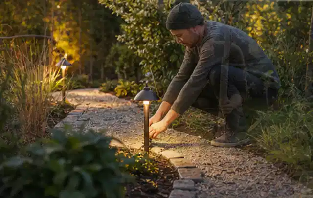 Person richtet eine niedrige warm leuchtende Gartenlampe am Kiesweg aus; Thema Poolroboter, Schwerpunkt Nachhaltigkeit; Praxisalltag.