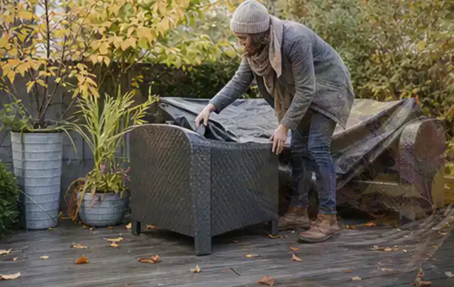 Person deckt Gartenmöbel vor der kalten Jahreszeit sorgfältig ab; Thema Poolroboter, Schwerpunkt Pools; Umsetzung.