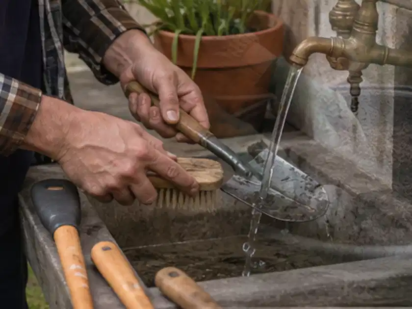 Hände reinigen gebrauchte Gartengeräte mit Bürste und Wasser am Außenbecken; Thema Poolroboter, Schwerpunkt Reinigung; Titelbild.