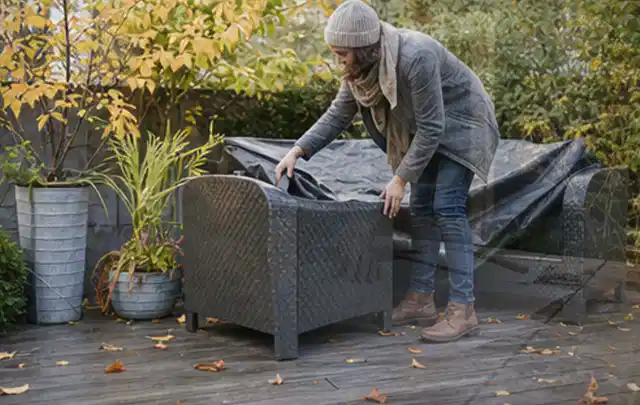 Person deckt Gartenmöbel vor der kalten Jahreszeit sorgfältig ab; Thema Poolroboter, Schwerpunkt Reinigung; Kontrolle.