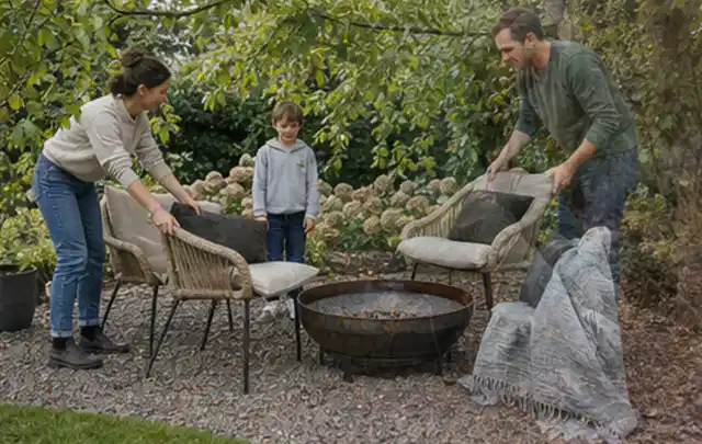 Familie stellt wetterfeste Sessel an einem geschützten Sitzplatz im Garten auf; Thema Poolroboter, Schwerpunkt Reinigung; Ergebnis.
