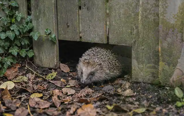 Igel nutzt einen bodennahen Durchgang unter einem hölzernen Gartenzaun; Thema Poolroboter, Schwerpunkt Reparatur; Praxisalltag.