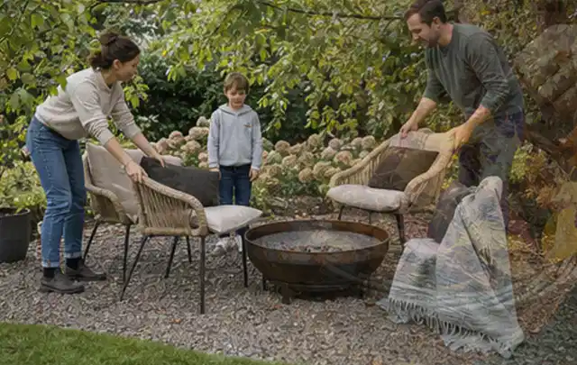Familie stellt wetterfeste Sessel an einem geschützten Sitzplatz im Garten auf; Thema Poolroboter, Schwerpunkt Sicherheit; Praxisalltag.