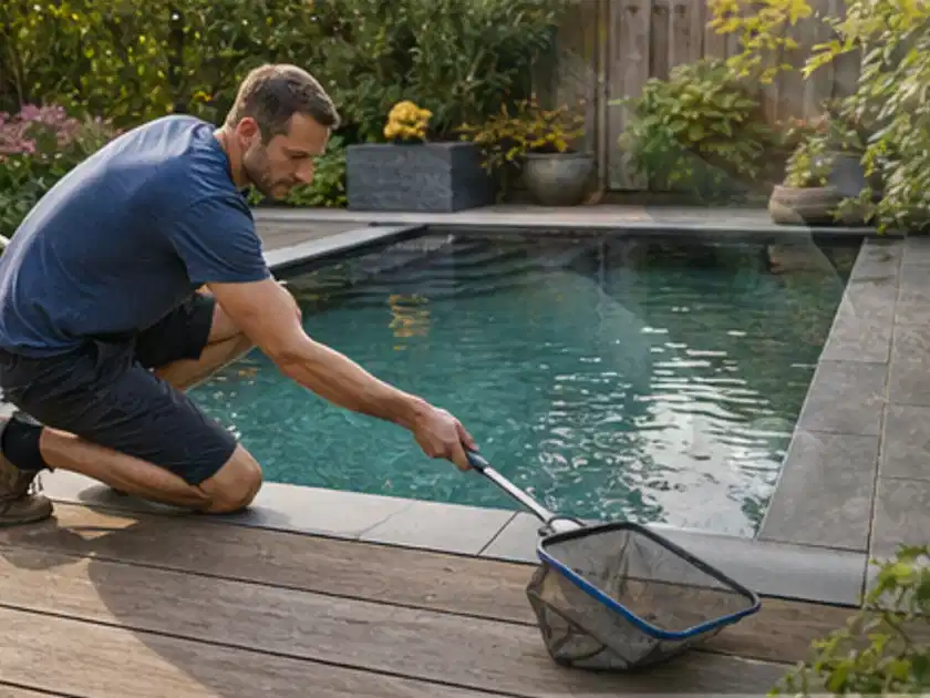 Person entfernt Blätter mit einem Kescher aus einem kleinen Gartenpool; Thema Poolroboter, Schwerpunkt Systemvergleich; Titelbild.