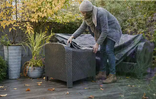 Person deckt Gartenmöbel vor der kalten Jahreszeit sorgfältig ab; Thema Poolroboter, Schwerpunkt Systemvergleich; Umsetzung.