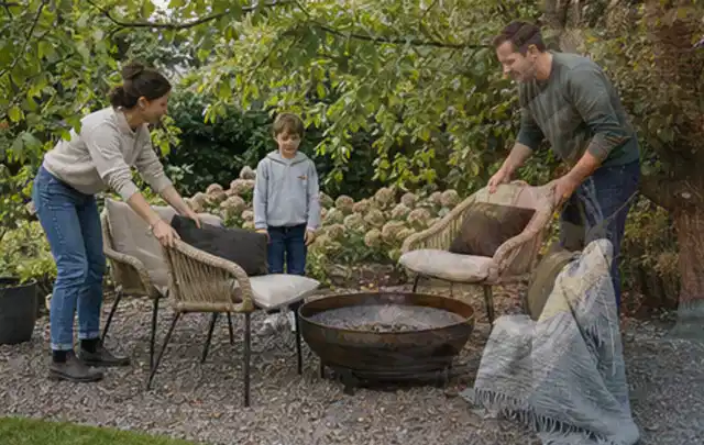 Familie stellt wetterfeste Sessel an einem geschützten Sitzplatz im Garten auf; Thema Poolroboter, Schwerpunkt Systemvergleich; Ergebnis.