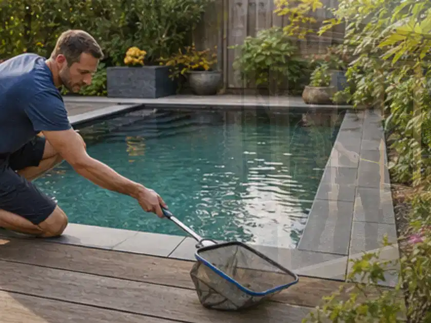Person entfernt Blätter mit einem Kescher aus einem kleinen Gartenpool; Thema Poolroboter, Schwerpunkt Testkriterien; Titelbild.