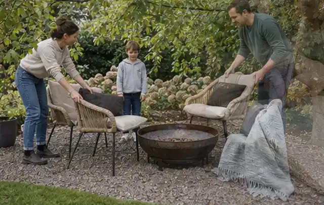 Familie stellt wetterfeste Sessel an einem geschützten Sitzplatz im Garten auf; Thema Poolroboter, Schwerpunkt Testkriterien; Ergebnis.
