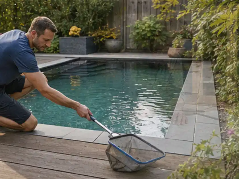 Person entfernt Blätter mit einem Kescher aus einem kleinen Gartenpool; Thema Poolroboter, Schwerpunkt Vergleich; Titelbild.