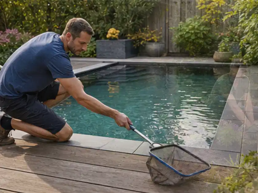 Person entfernt Blätter mit einem Kescher aus einem kleinen Gartenpool; Thema Poolroboter, Schwerpunkt Wartung; Titelbild.