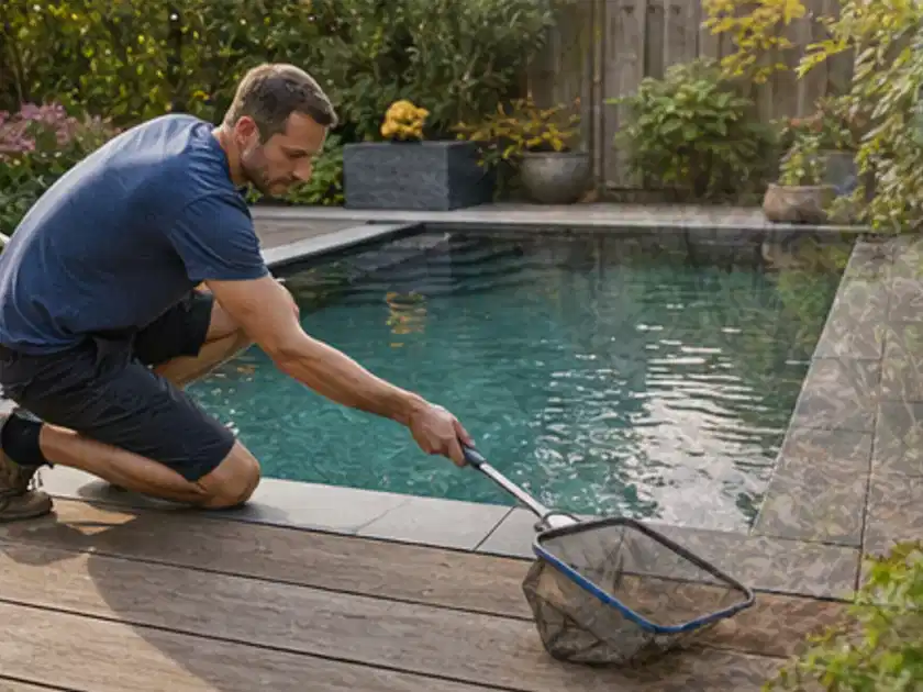 Person entfernt Blätter mit einem Kescher aus einem kleinen Gartenpool; Thema Poolroboter, Schwerpunkt Winterlager; Titelbild.