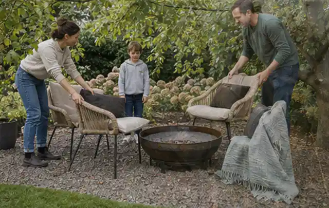 Familie stellt wetterfeste Sessel an einem geschützten Sitzplatz im Garten auf; Thema Poolroboter, Schwerpunkt Winterlager; Umsetzung.