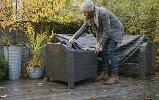 Person deckt Gartenmöbel vor der kalten Jahreszeit sorgfältig ab; Thema Poolroboter, Schwerpunkt Winterlager; Praxisalltag.