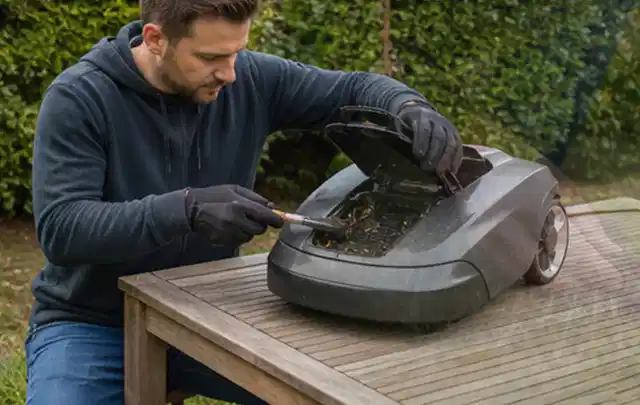 Person wartet einen geöffneten Mähroboter auf einem stabilen Gartentisch; Thema Preischeck, Schwerpunkt Produktberatung; Umsetzung.