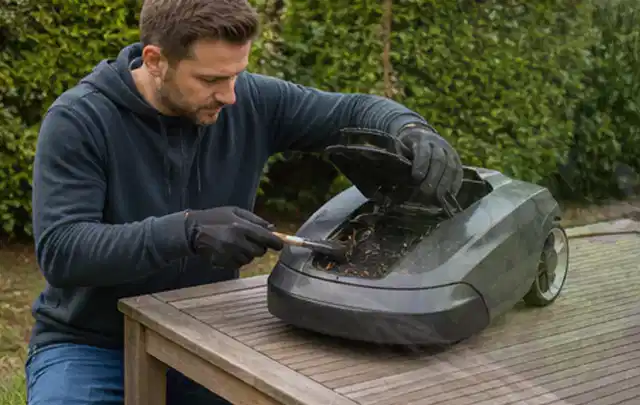 Person wartet einen geöffneten Mähroboter auf einem stabilen Gartentisch; Thema Produktberatung, Schwerpunkt Themenwelt; Umsetzung.