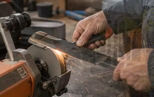 Person schärft ein ausgebautes Rasenmähermesser an einer Werkbank; Thema Produktvergleich, Schwerpunkt Produktberatung; Ausgangslage.