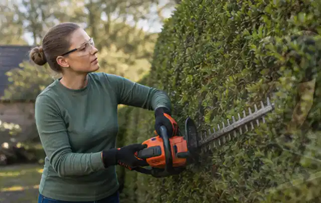 Person schneidet eine dichte Gartenhecke mit Schutzbrille und sicherem Stand; Thema Produktvergleich, Schwerpunkt Produktberatung; Umsetzung.