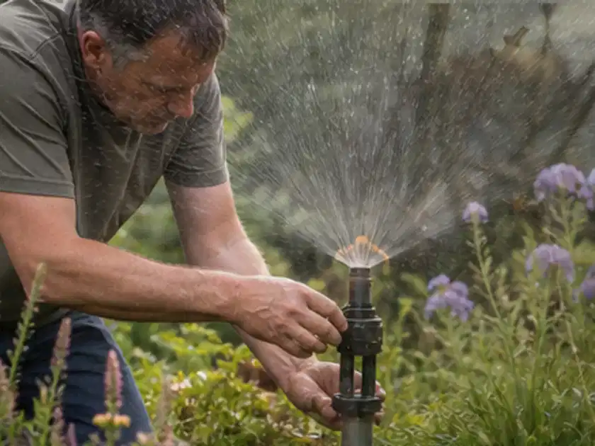 Person richtet einen laufenden Gartensprenger zwischen Stauden präzise aus; Thema Radieschen, Schwerpunkt Bewässerung; Titelbild.