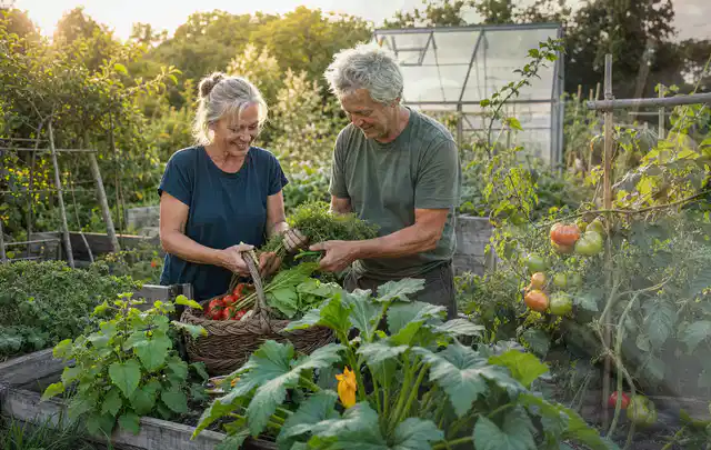 Zwei Personen ernten gemeinsam Gemüse in einem sonnigen Nutzgarten; Thema Radieschen, Schwerpunkt Ernteprobleme; Umsetzung.
