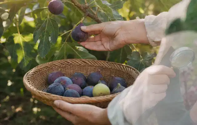 Hand pflückt eine reife Feige über einem flachen Korb mit Früchten; Thema Radieschen, Schwerpunkt Gemüse; Ergebnis.