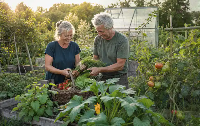 Zwei Personen ernten gemeinsam Gemüse in einem sonnigen Nutzgarten; Thema Radieschen, Schwerpunkt Gesundheit; Ergebnis.