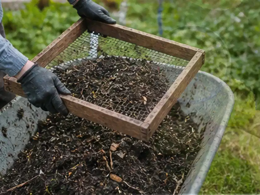Behandschuhte Hände sieben reifen Kompost über einer Gartenschubkarre; Thema Radieschen, Schwerpunkt Hochbeet; Titelbild.