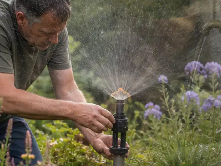 Person richtet einen laufenden Gartensprenger zwischen Stauden präzise aus; Thema Rain Bird Bewässerung, Schwerpunkt Checkliste; Titelbild.
