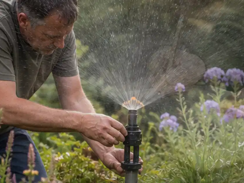 Person richtet einen laufenden Gartensprenger zwischen Stauden präzise aus; Thema Rain Bird Bewässerung, Schwerpunkt Fehlerhilfe; Titelbild.