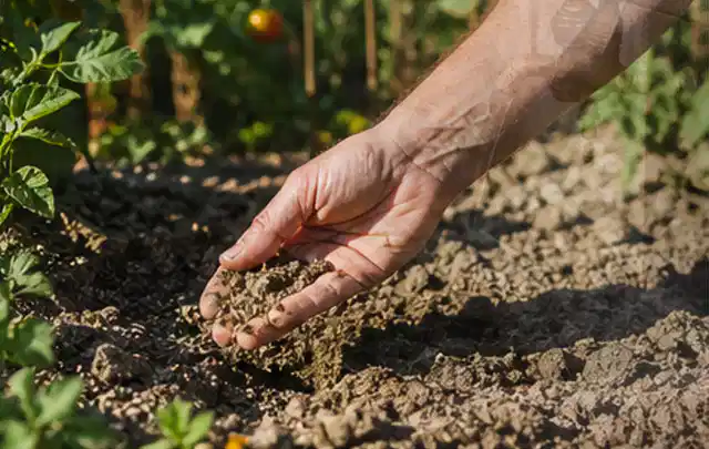 Hand prüft trockene krümelige Gartenerde während einer warmen Sommerphase; Thema Rain Bird Bewässerung, Schwerpunkt Fehlerhilfe; Kontrolle.